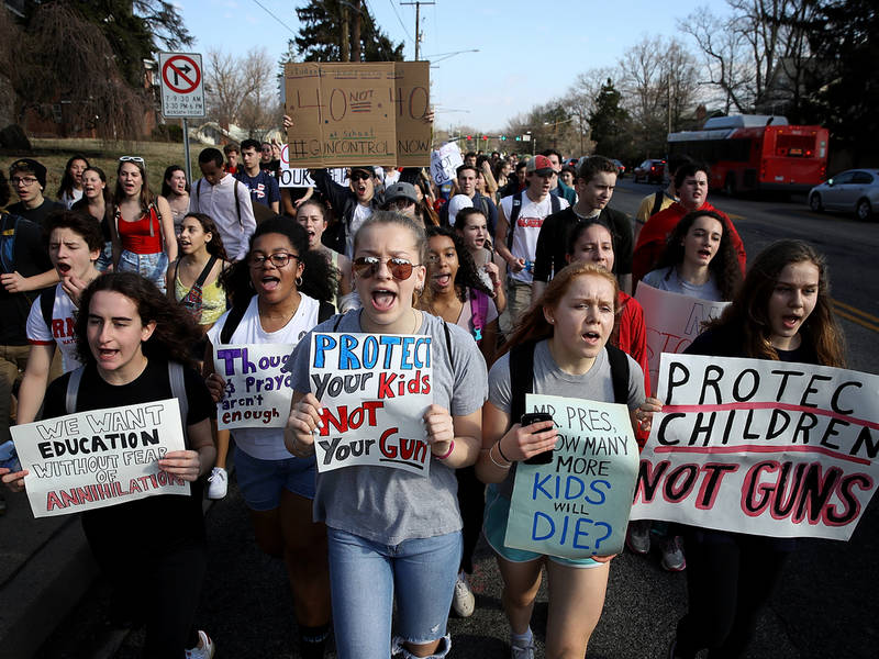 SILVER SPRING, MARYLAND - FEBRUARY 21:  Students from Montgomery Blair High School march down Colesville Road in support of gun reform legislation February 21, 2018 in Silver Spring, Maryland. In the wake of last weeks shooting in Parkland, Florida, where 17 people were killed, the students planned to take public transportation to the U.S. Capitol to hold a rally demanding legislation to curb gun violence in schools. (Photo by Win McNamee/Getty Images)
